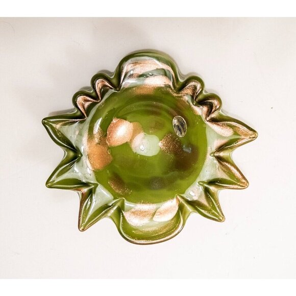 Creation Vimax Decorative Art Glass Bowl Italy, MCM, Green Gold Sparkle Dish - Picture 1 of 15